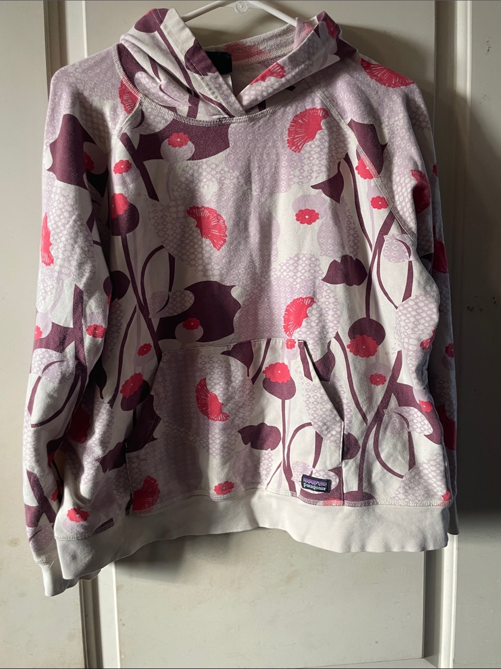 Vintage Rare Pattern Patagonia Pink, Purple & Off White Floral Cotton Hoodie LG